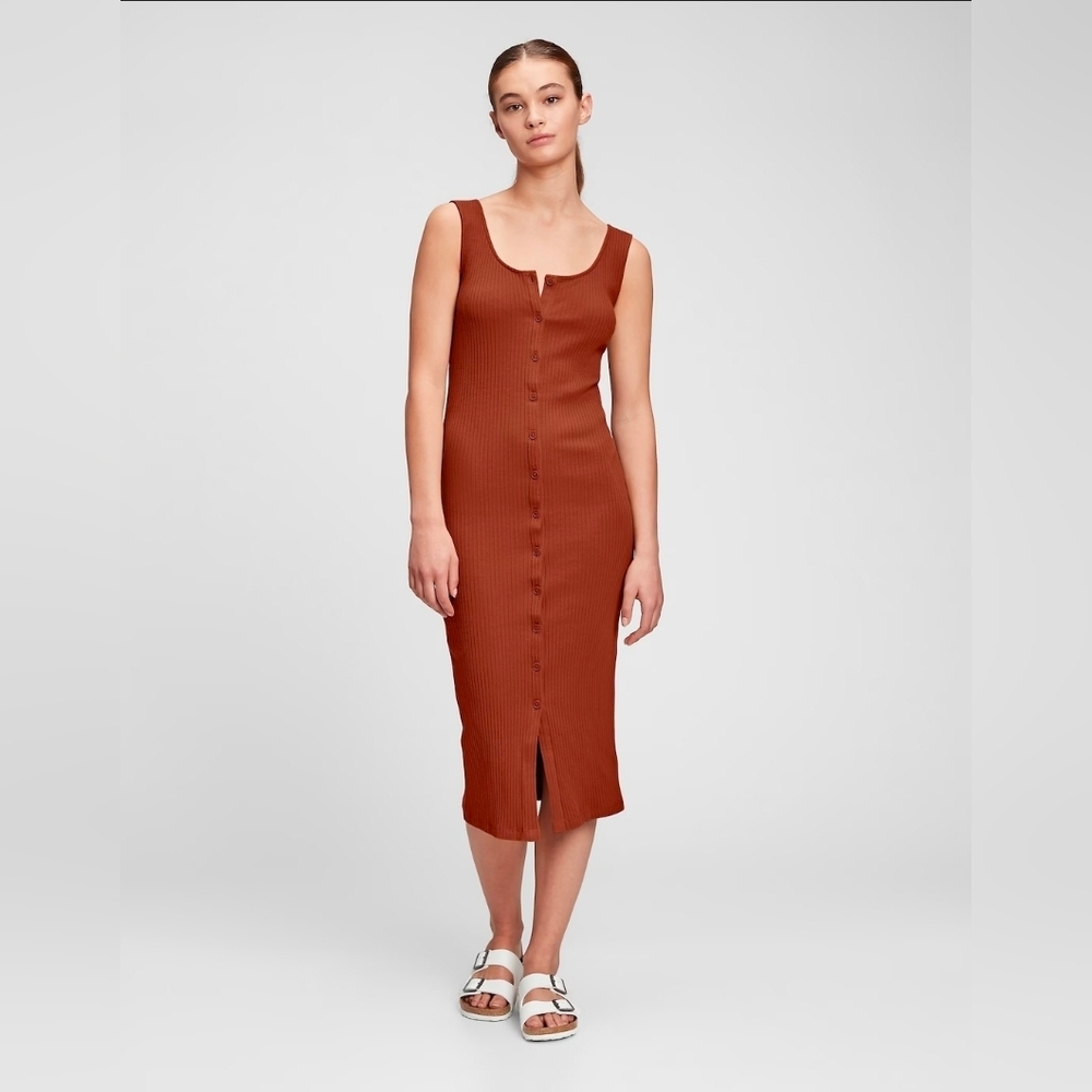 XL Gap Sleeveless Ribbed Midi Dress Button Front Burnt Russet Red Cottage Core